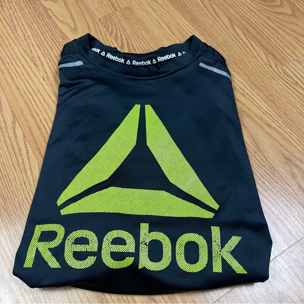 Reebok Men's Performance Short Sleeve Athletic Black and Green Logo Tee